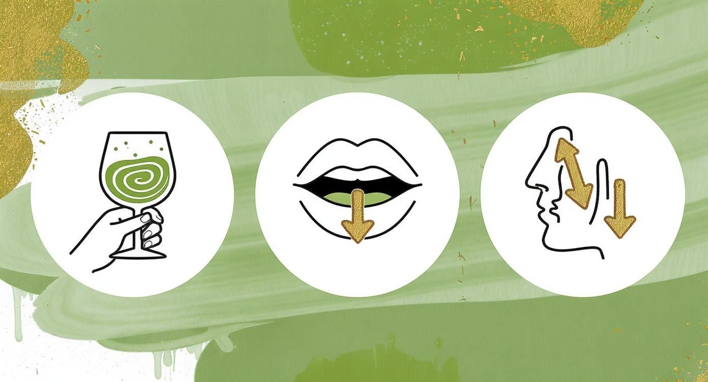 Three icons illustrating a wellness routine: a green drink, swallowing, and facial exercises.
