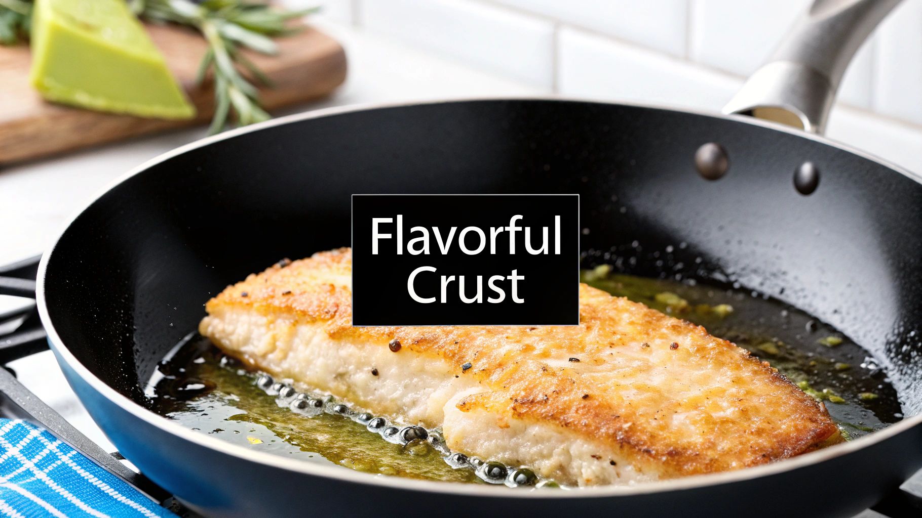 A piece of fish developing a golden, flavorful crust while frying in olive oil in a pan.
