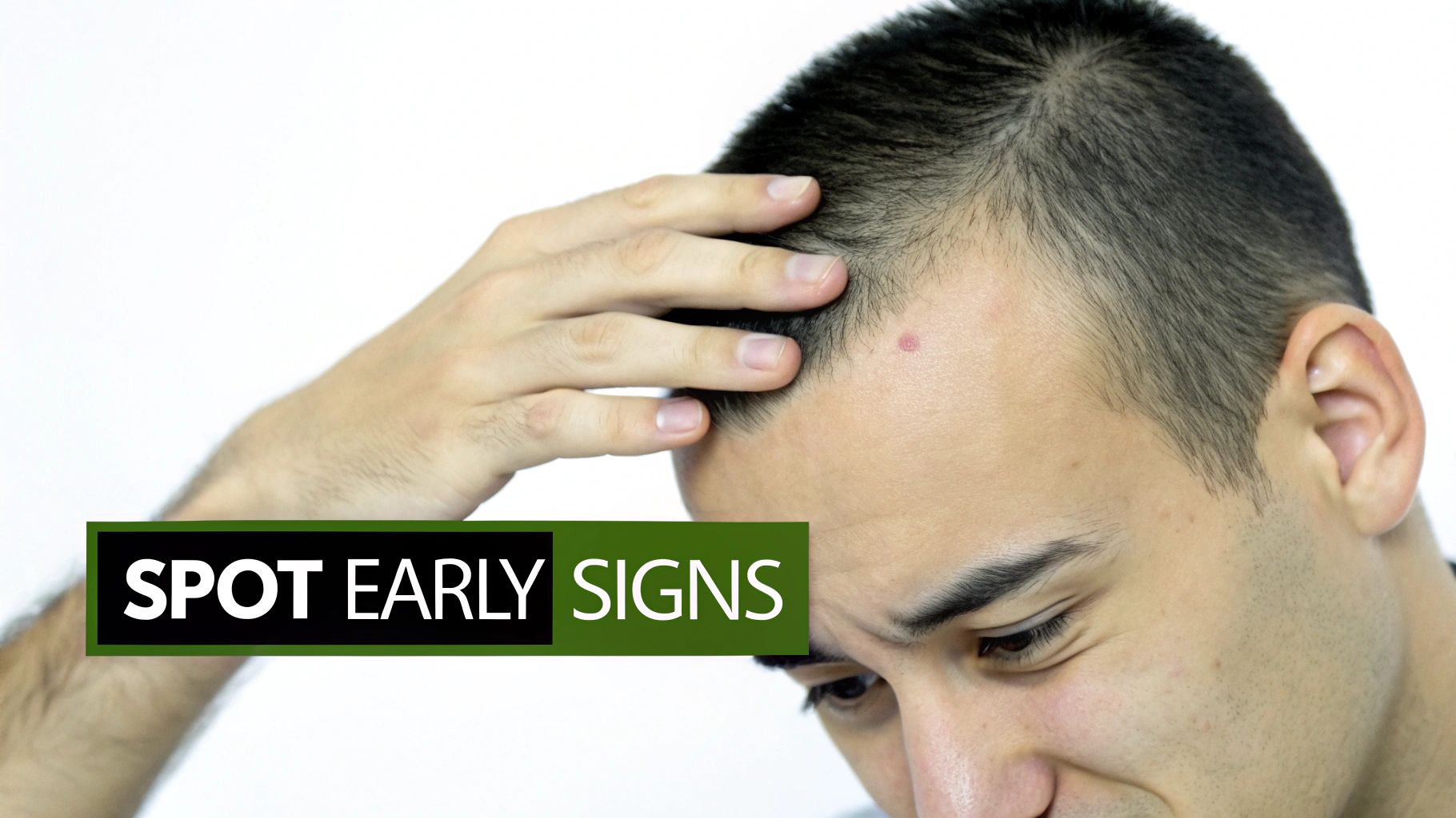 A man touches his head, revealing a red spot near his hairline, with text “SPOT EARLY SIGNS”.