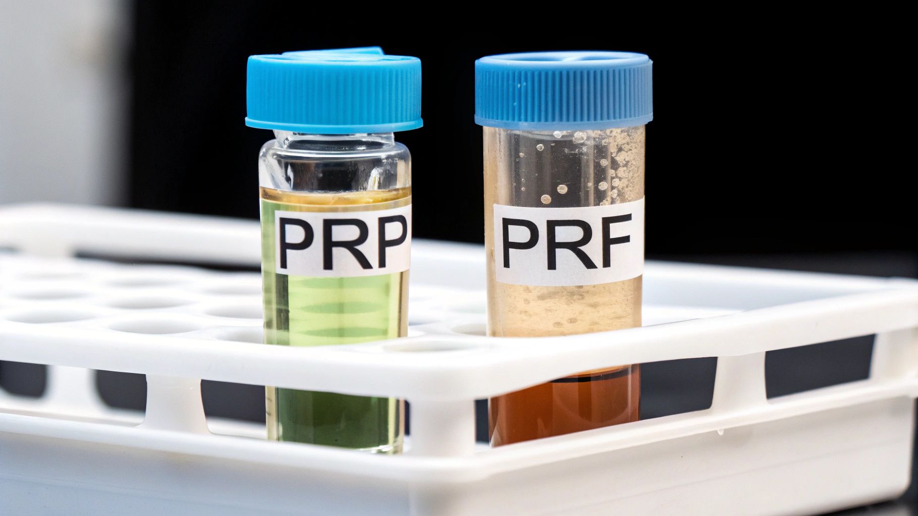 Two medical test tubes labeled PRP and PRF display distinct blood product compositions in a lab rack.