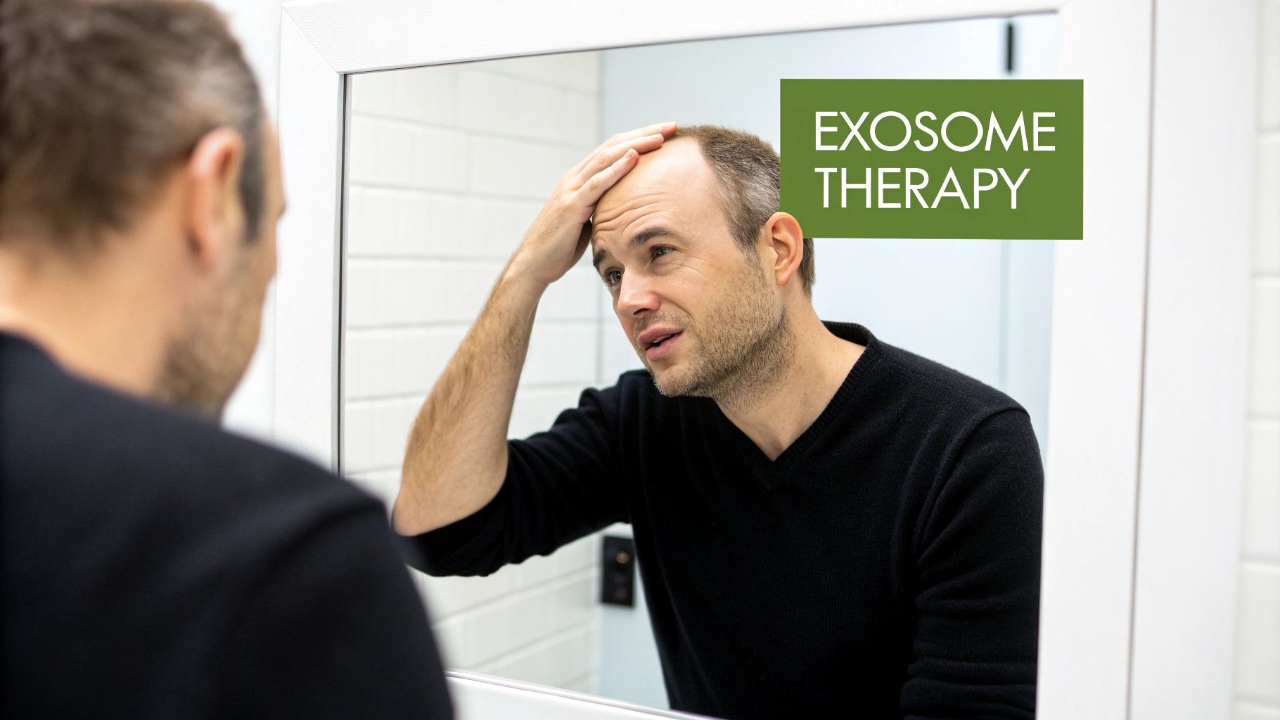 A man examines his receding hairline in a mirror, contemplating exosome therapy for hair loss.