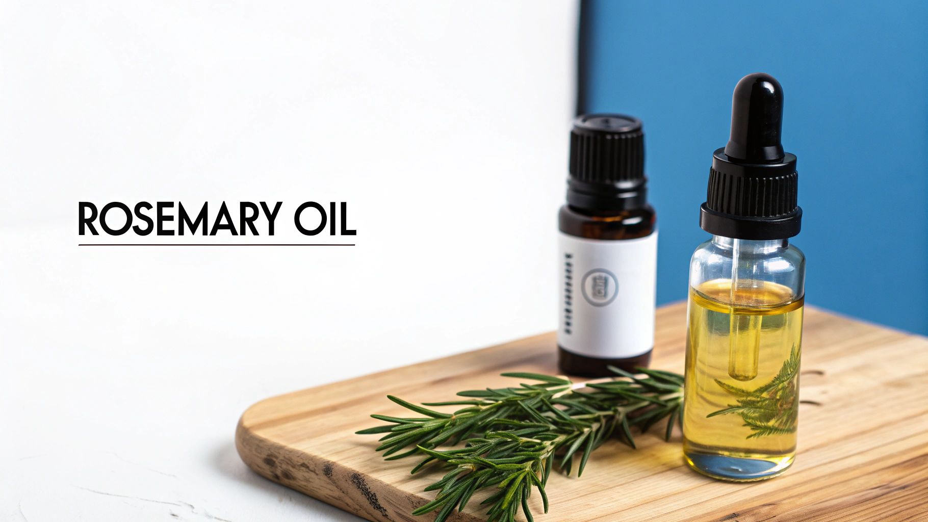 Two bottles of rosemary oil, fresh rosemary sprigs, and a dropper bottle on a wooden board.