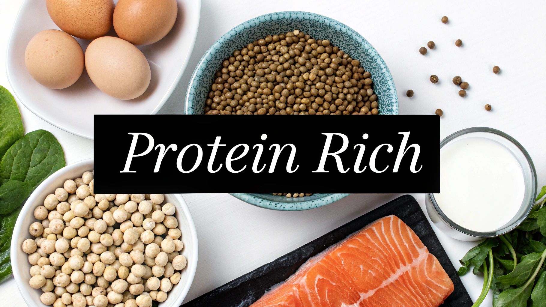 A flat lay of various protein-rich foods including eggs, lentils, chickpeas, salmon, milk, and spinach, with a 'Protein Rich' banner.