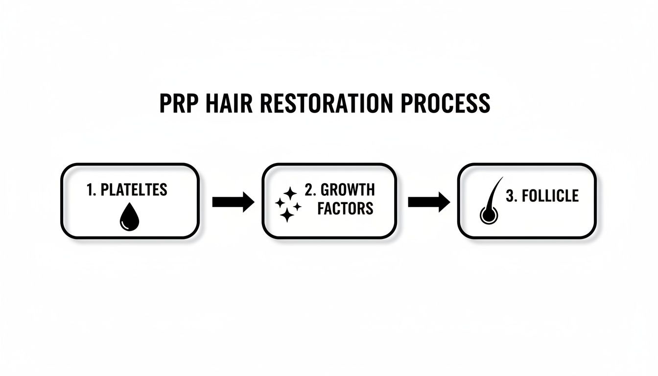Diagram illustrating the PRP hair restoration process from platelets to growth factors stimulating hair follicles.