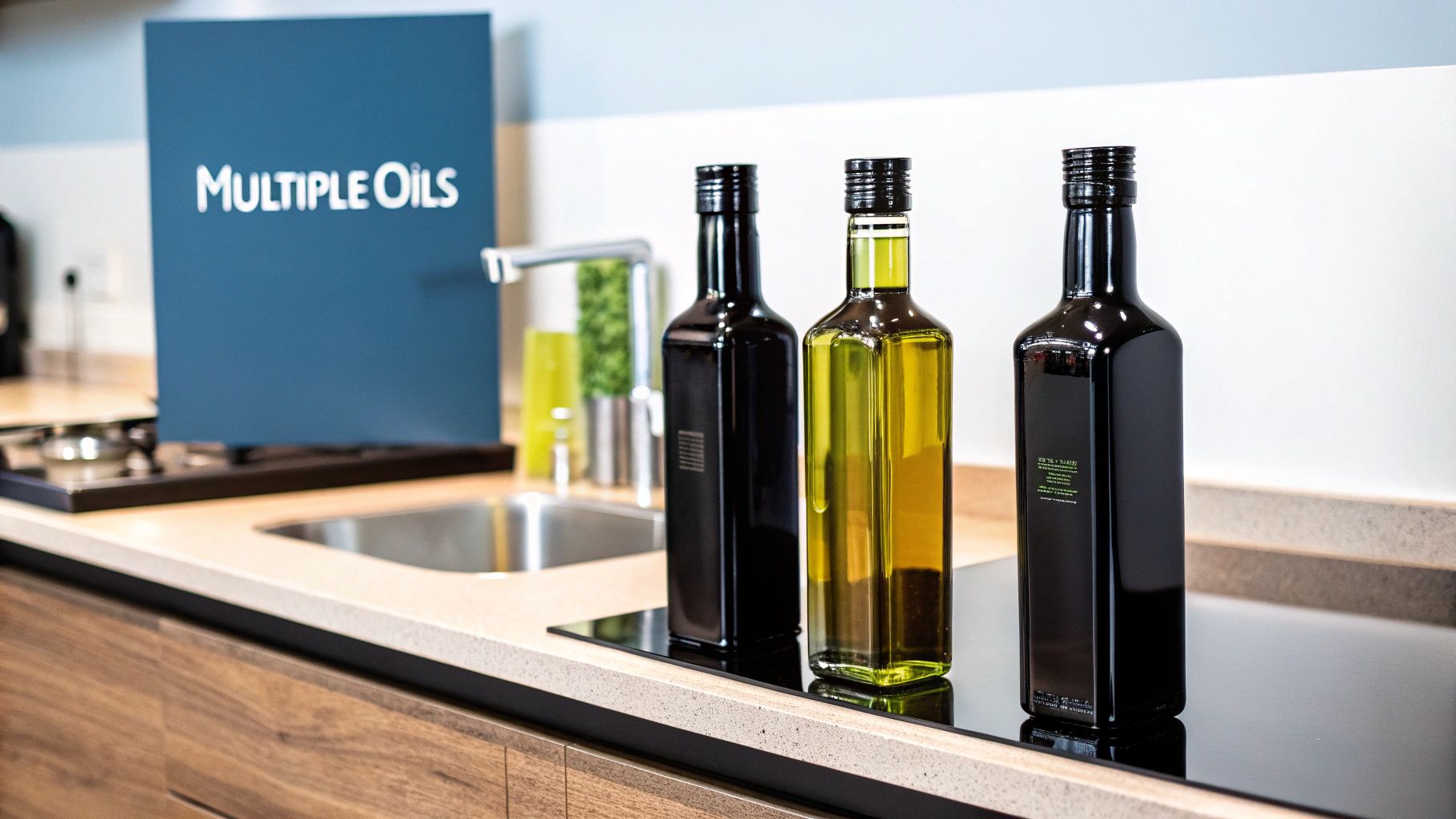 Various types of olive oil in bottles and bowls on a rustic wooden table