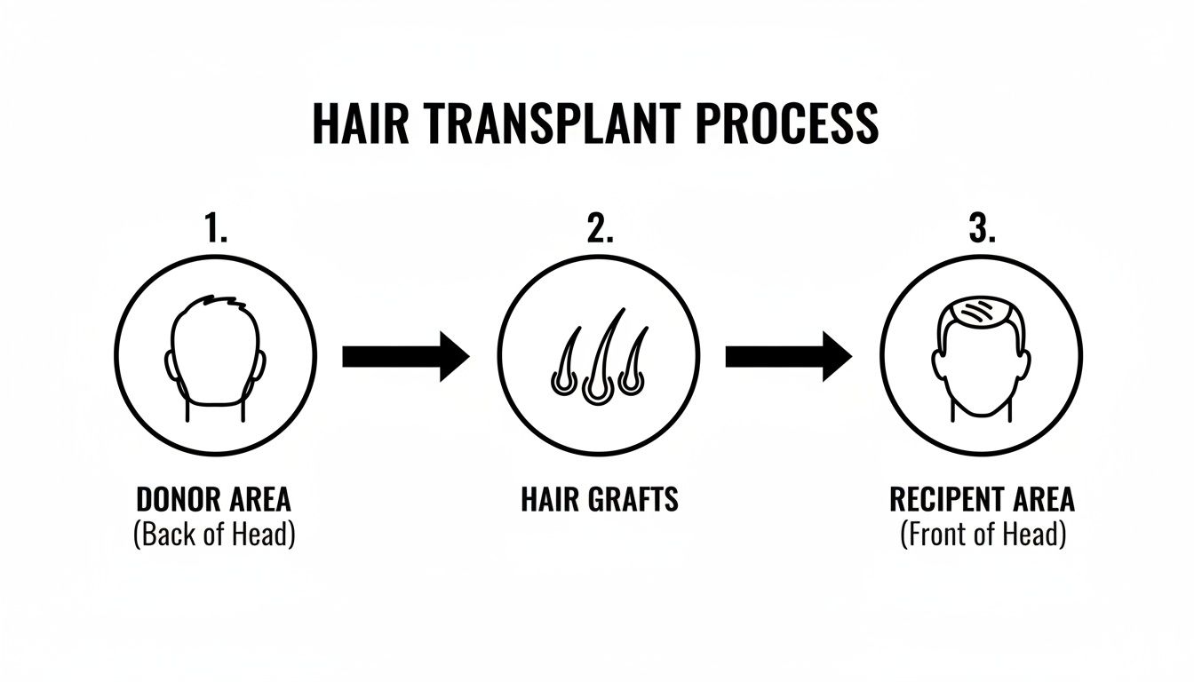 Diagram illustrating the three steps of a hair transplant: donor area, hair grafts, and recipient area.
