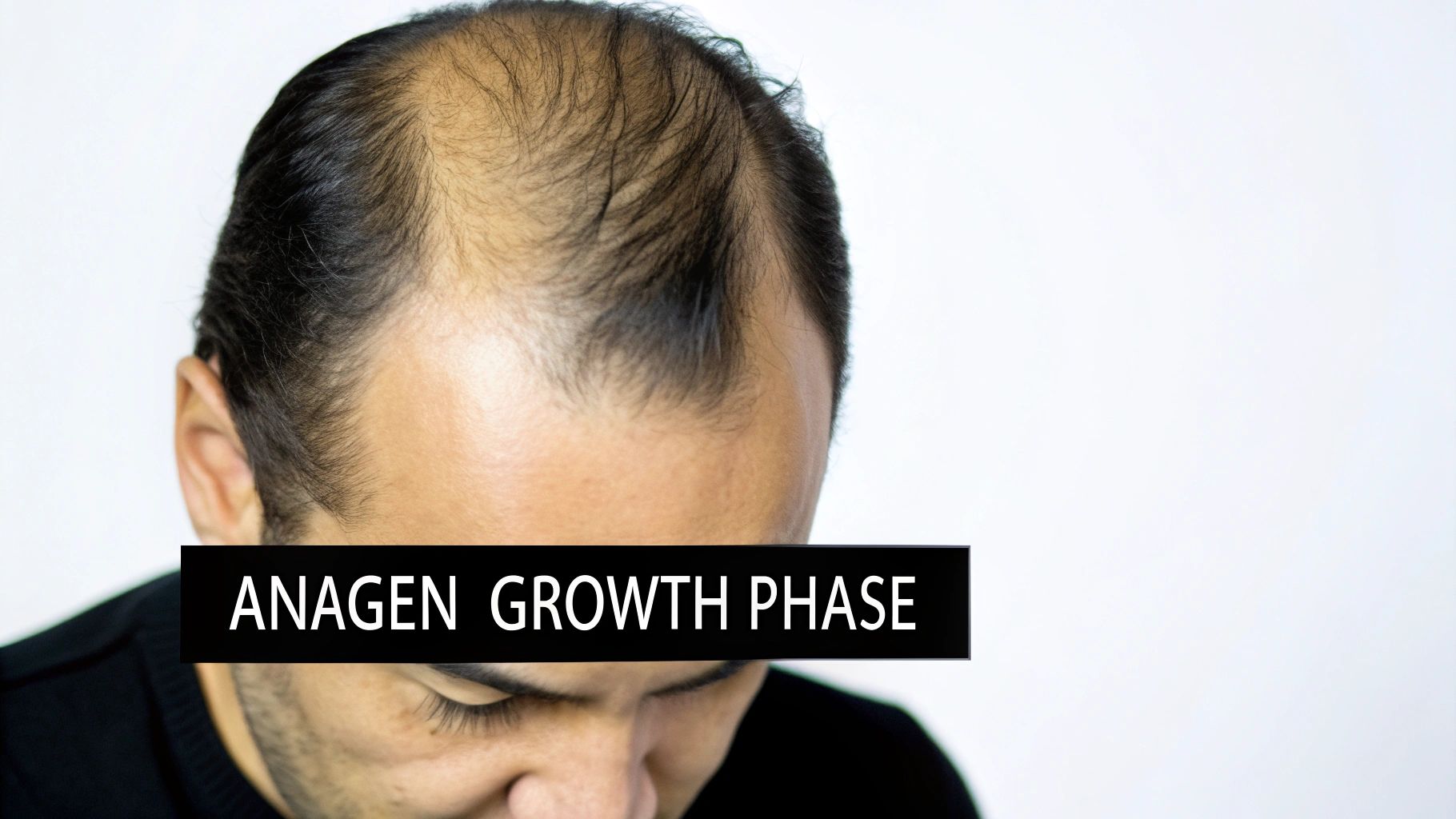 Close-up of a man's head with thinning hair and a receding hairline, displaying "ANAGEN GROWTH PHASE" text.