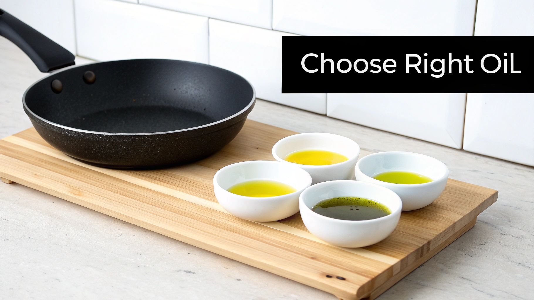 A black frying pan, wooden board, and four bowls of different cooking oils with 'Choose Right Oil' text.