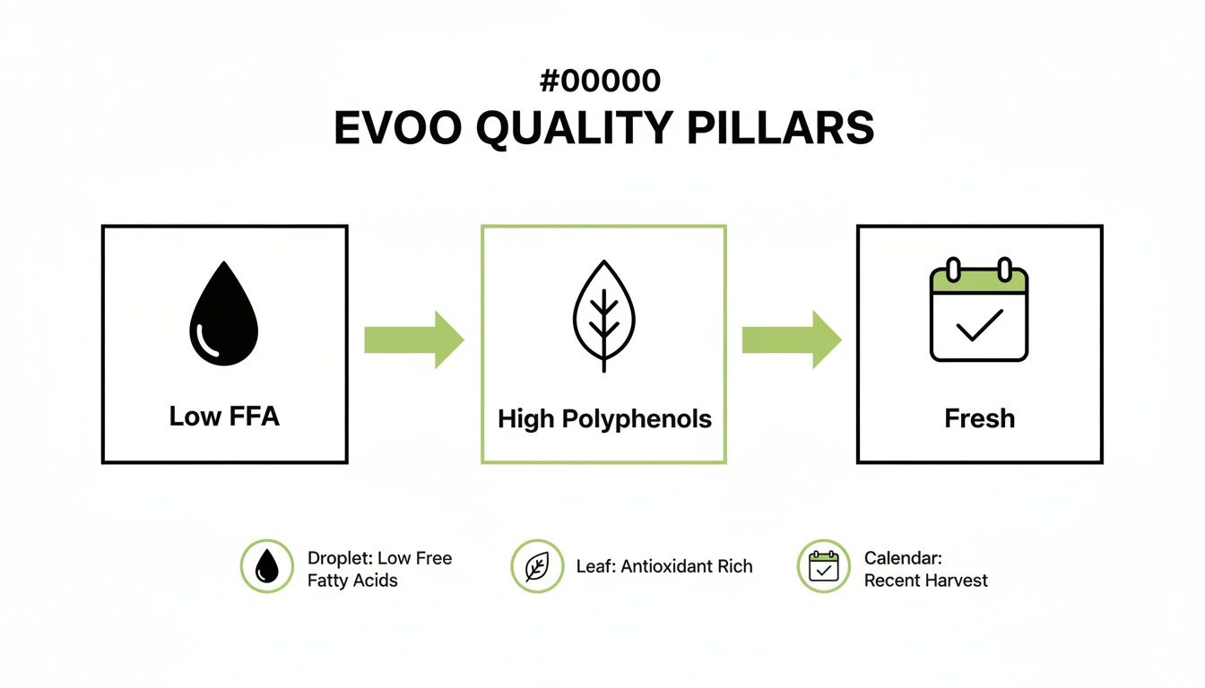 An infographic illustrating the three essential quality pillars for EVOO: Low FFA, High Polyphenols, and Freshness, represented by icons.