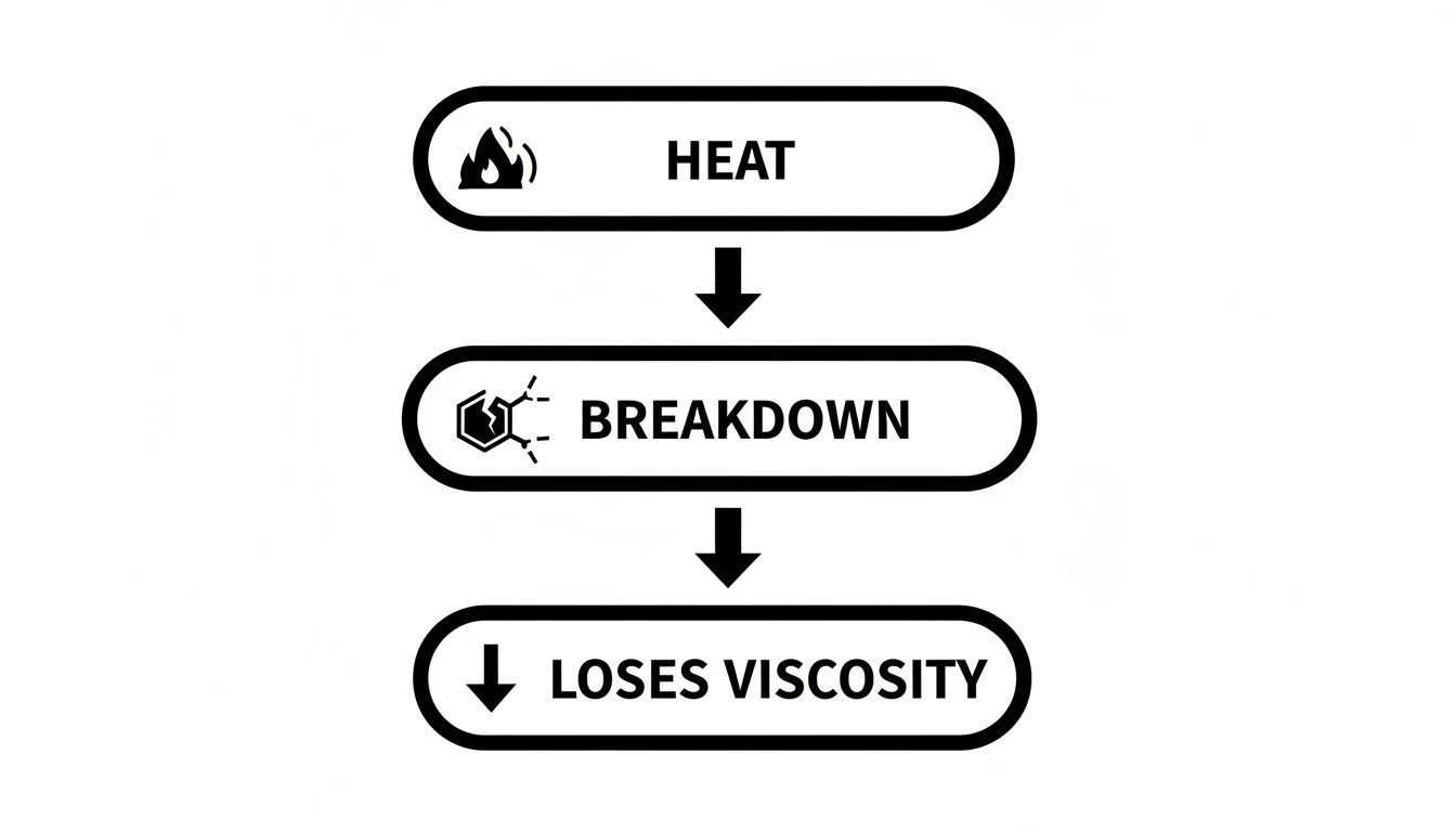 A flowchart illustrates how heat causes breakdown, leading to a loss of viscosity in a substance.