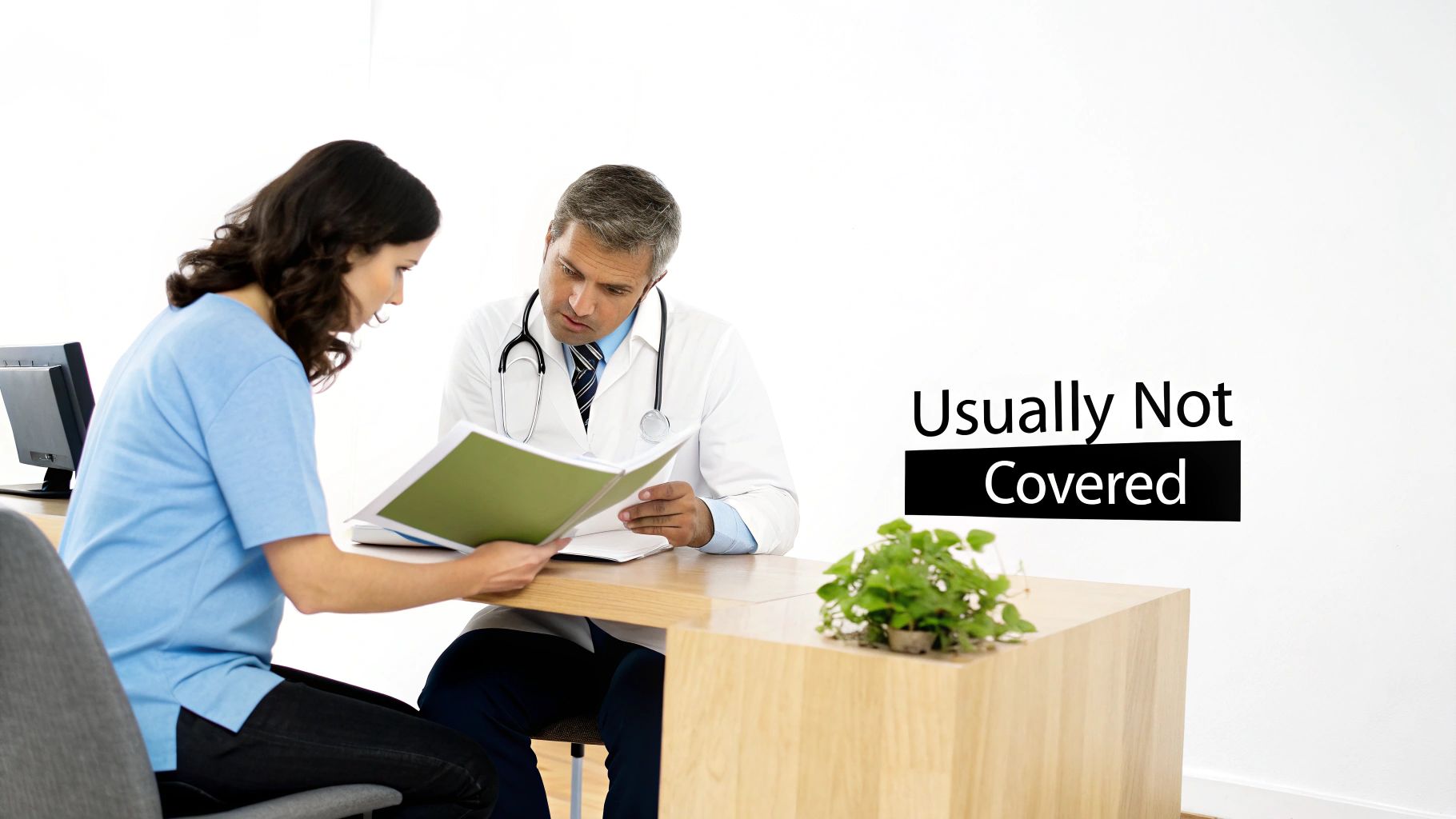 A doctor explaining a medical procedure to a patient, illustrating a discussion about treatment coverage.