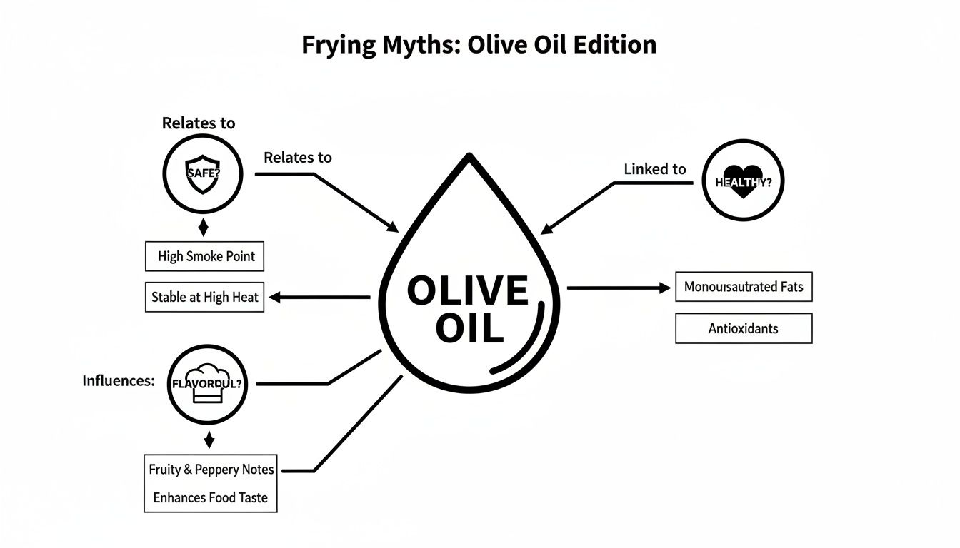 A diagram illustrating olive oil's properties related to safety, health, and flavor for frying.