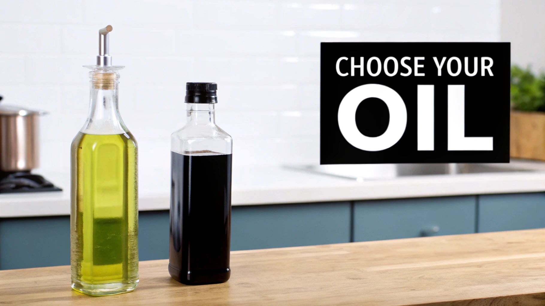 Two bottles, one light oil and one dark liquid, on a kitchen counter with a 'CHOOSE YOUR OIL' sign.