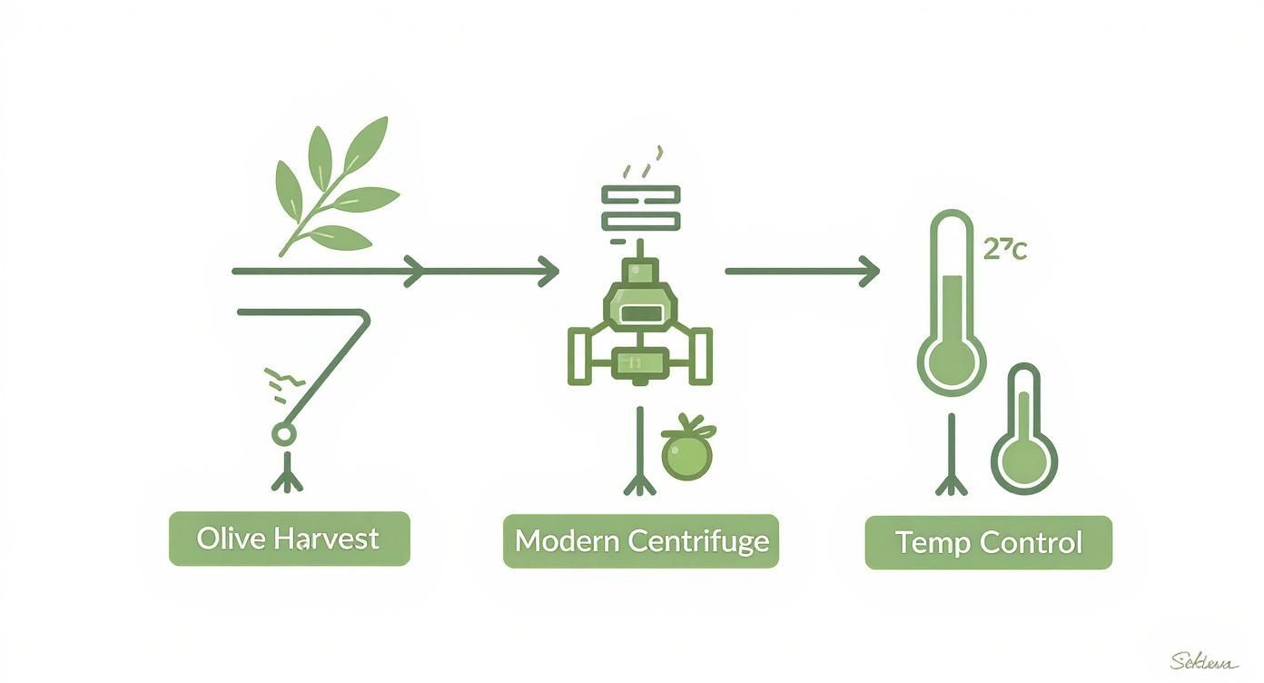 Illustrative infographic showing the process of making extra virgin olive oil: harvest, centrifugation, and temperature control.