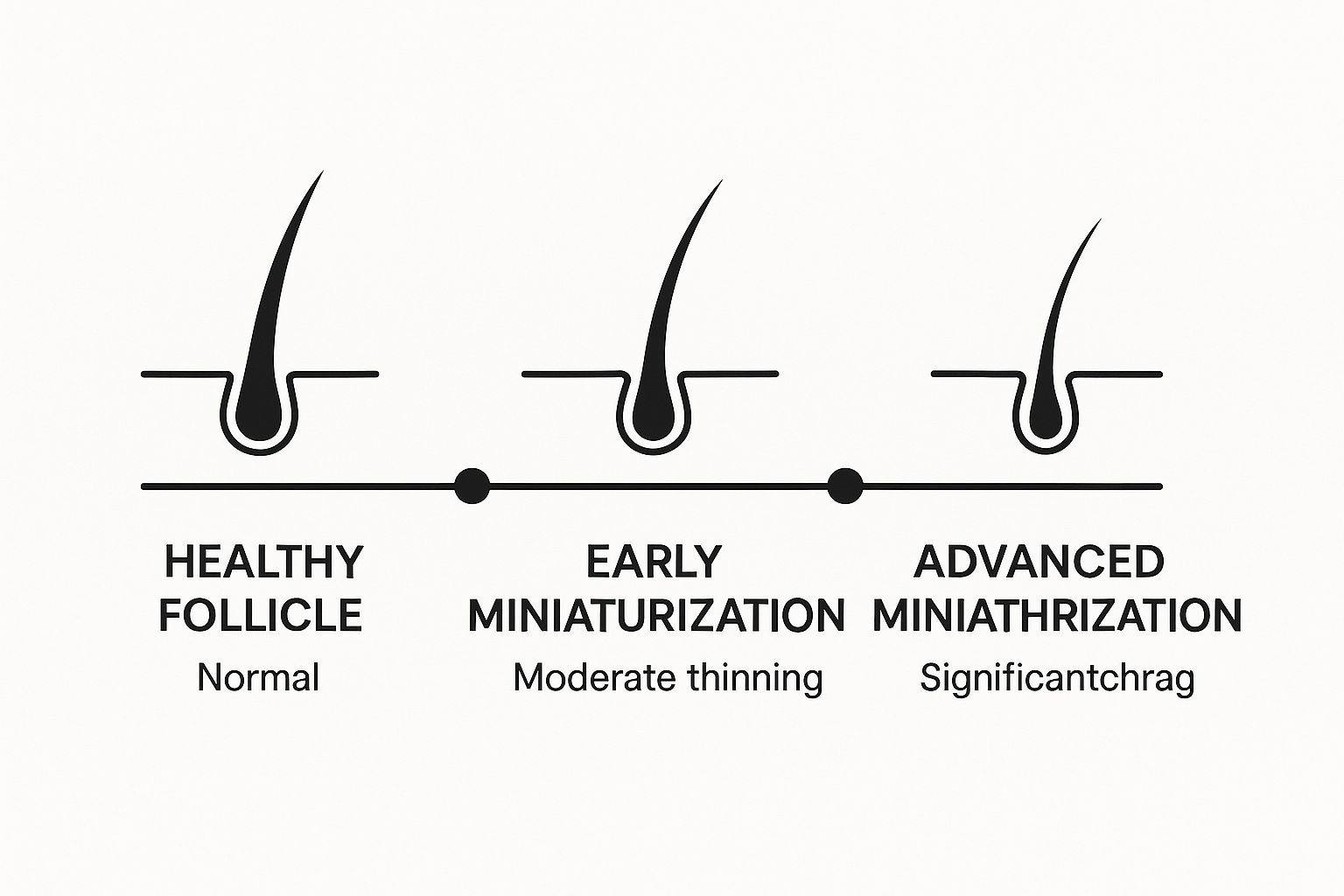Infographic about hair follicle miniaturization showing a timeline from a healthy follicle to an advanced miniaturized follicle.