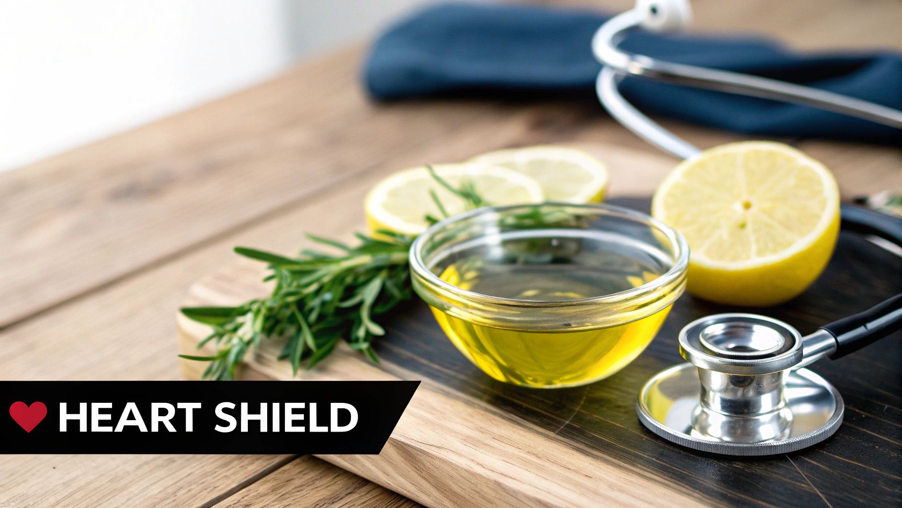 A close-up of a bowl of olive oil, lemon slices, rosemary, and a stethoscope on a wooden board, with 'HEART SHIELD' text.