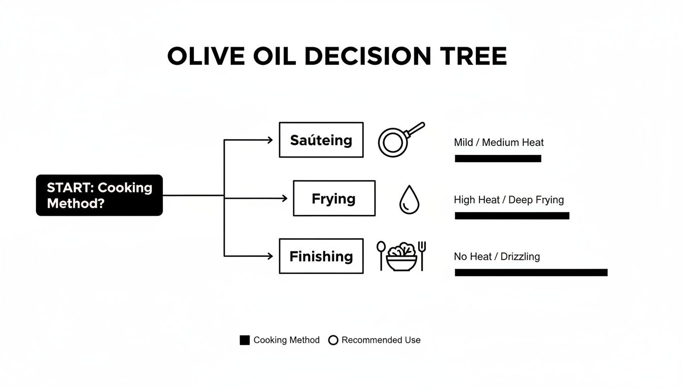 A decision tree illustrating how to use olive oil for sautéing, frying, and finishing dishes.