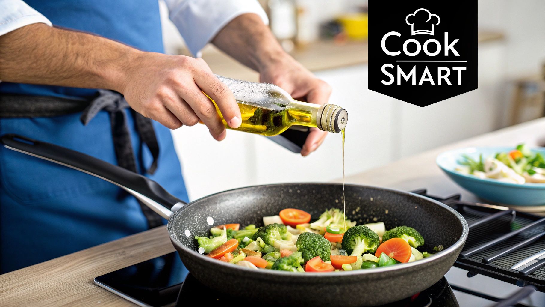 A hand drizzling golden olive oil into a hot pan on a modern stovetop.