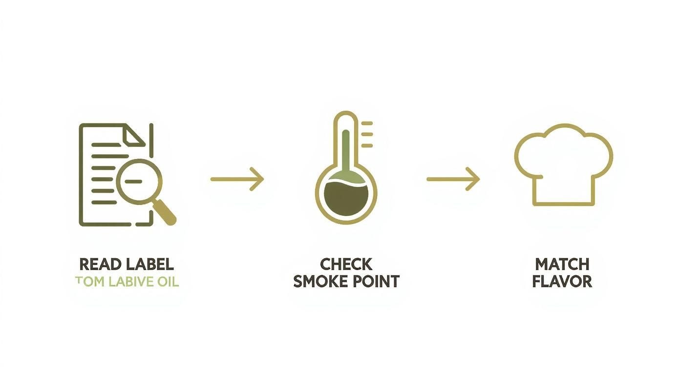 A three-step infographic showing how to select cooking oil: read label, check smoke point, and match flavor.