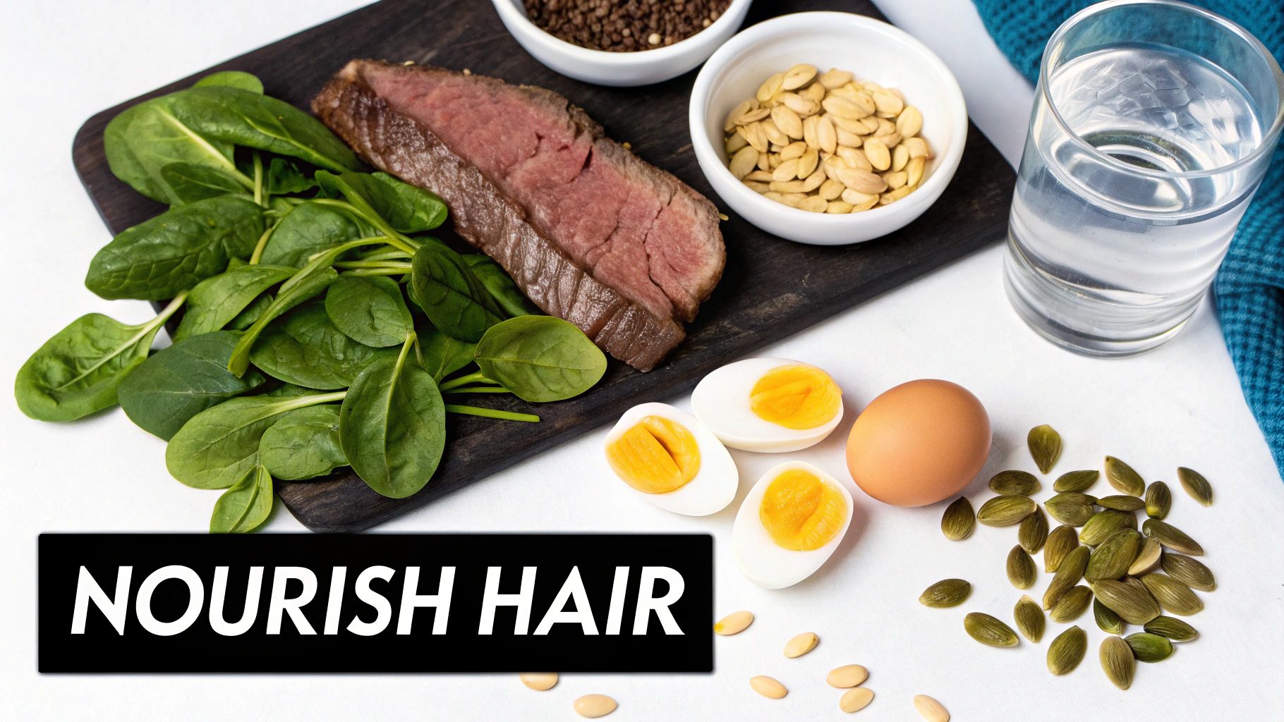 A flat lay of healthy foods including spinach, steak, eggs, pumpkin seeds, and water, with text 'NOURISH HAIR'.