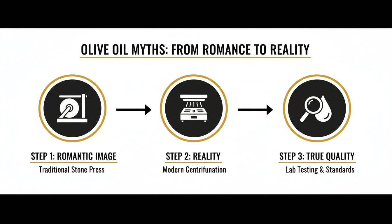 An infographic showing three steps of olive oil production: traditional press, modern centrifugation, and lab testing.