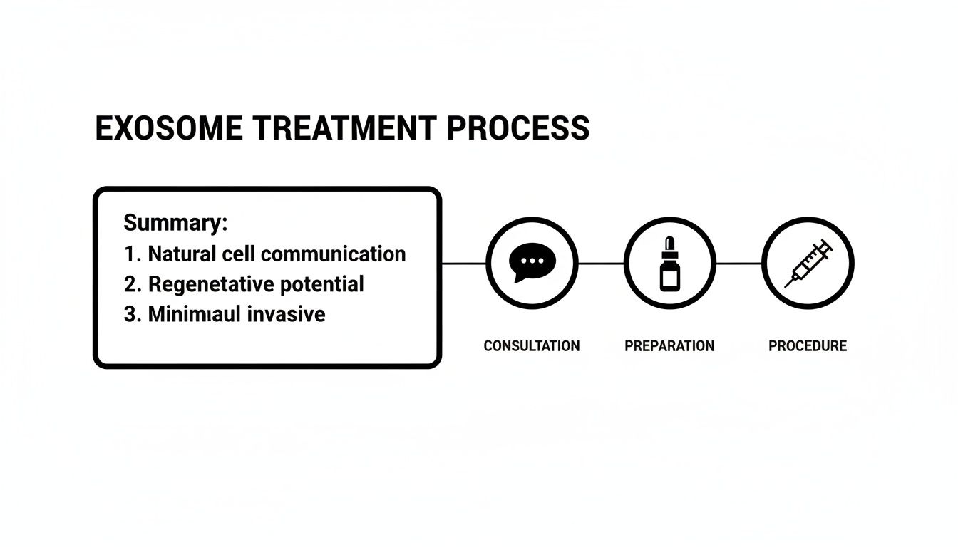 Infographic detailing the exosome treatment process steps: consultation, preparation, procedure, and key benefits.