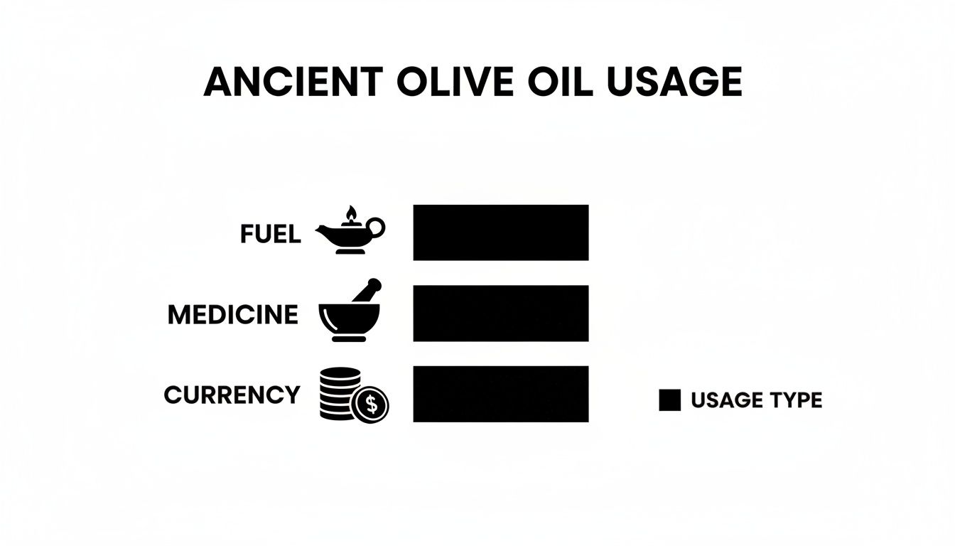 Infographic showing ancient olive oil usage categories: fuel, medicine, and currency with corresponding icons.