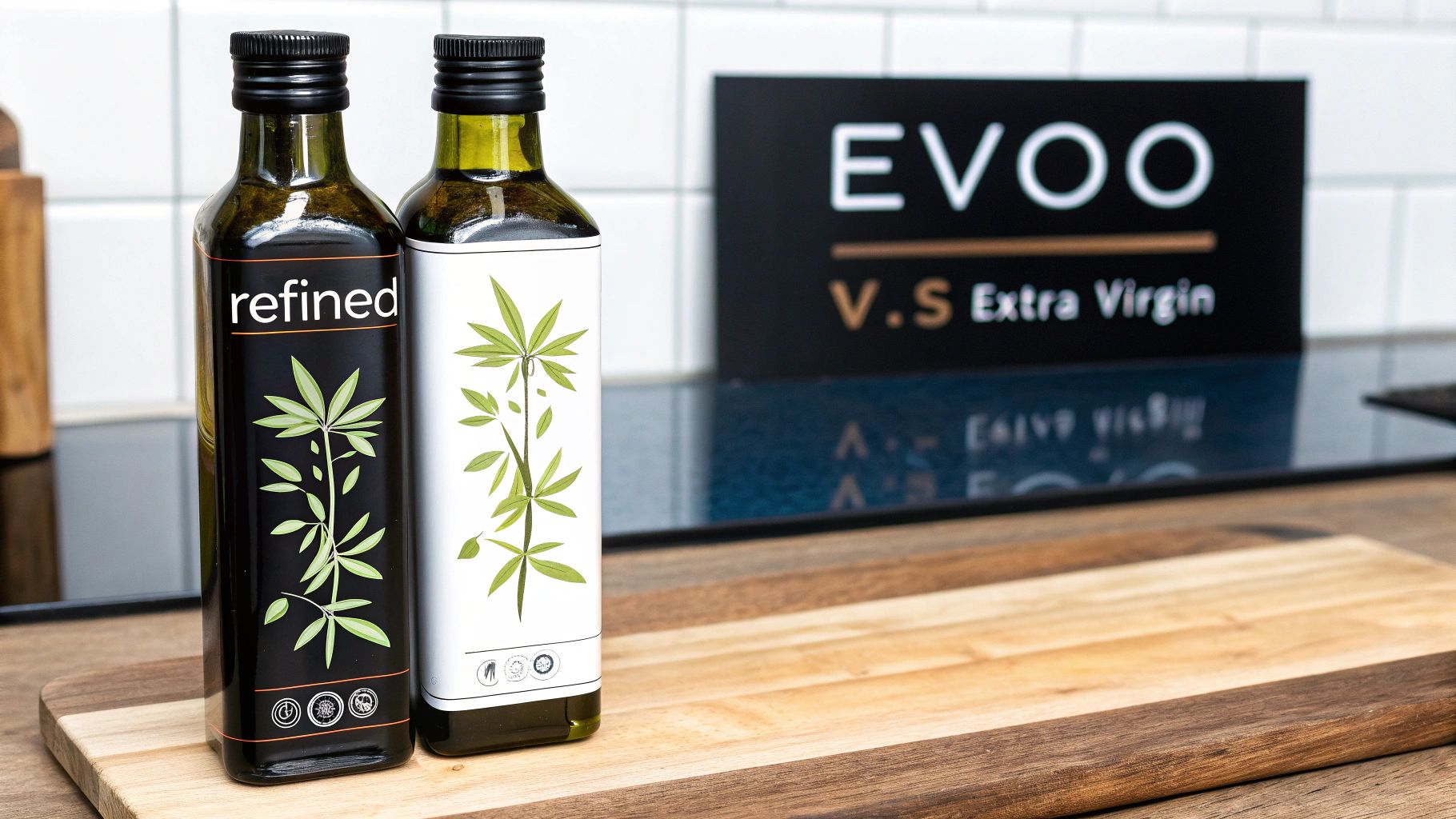 Two distinct types of olive oil in clear glass bottles, one a rich green and the other a pale gold, showcasing the difference in color.