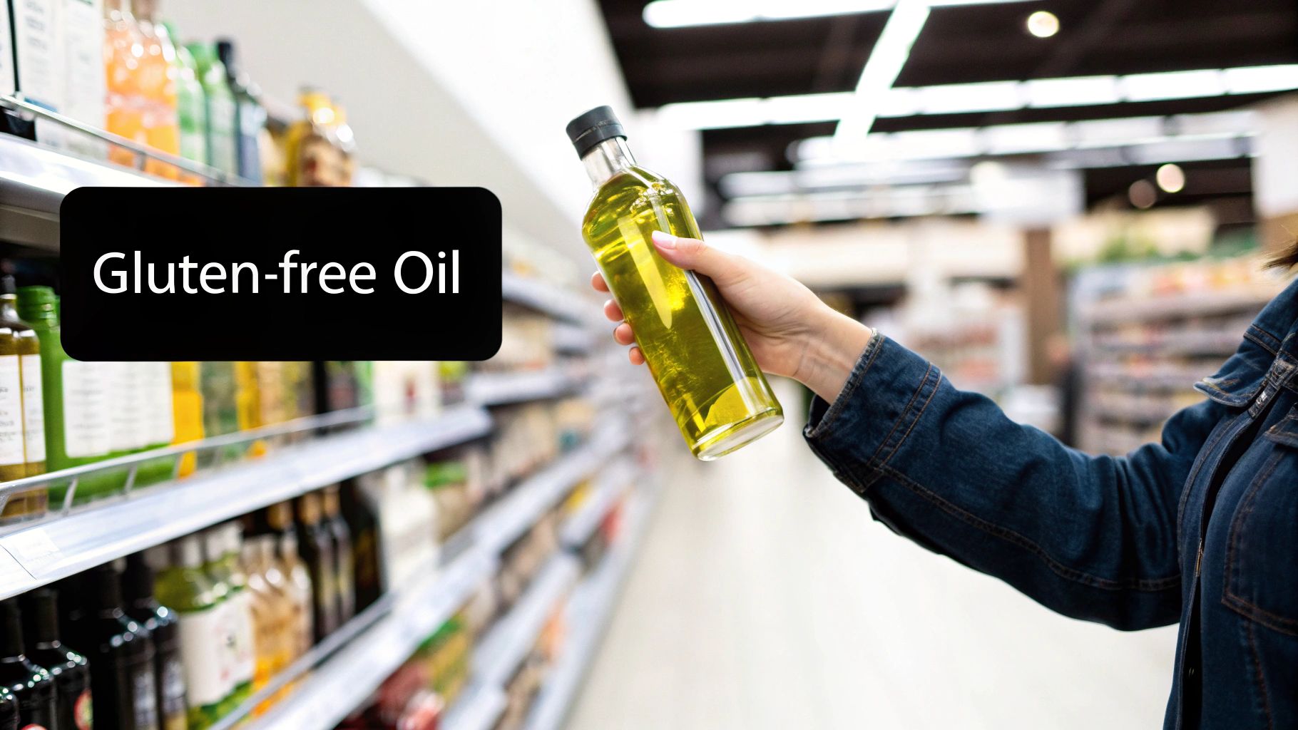 A hand holds a bottle of olive oil in a grocery store aisle, with 'Gluten-free Oil' text overlay.