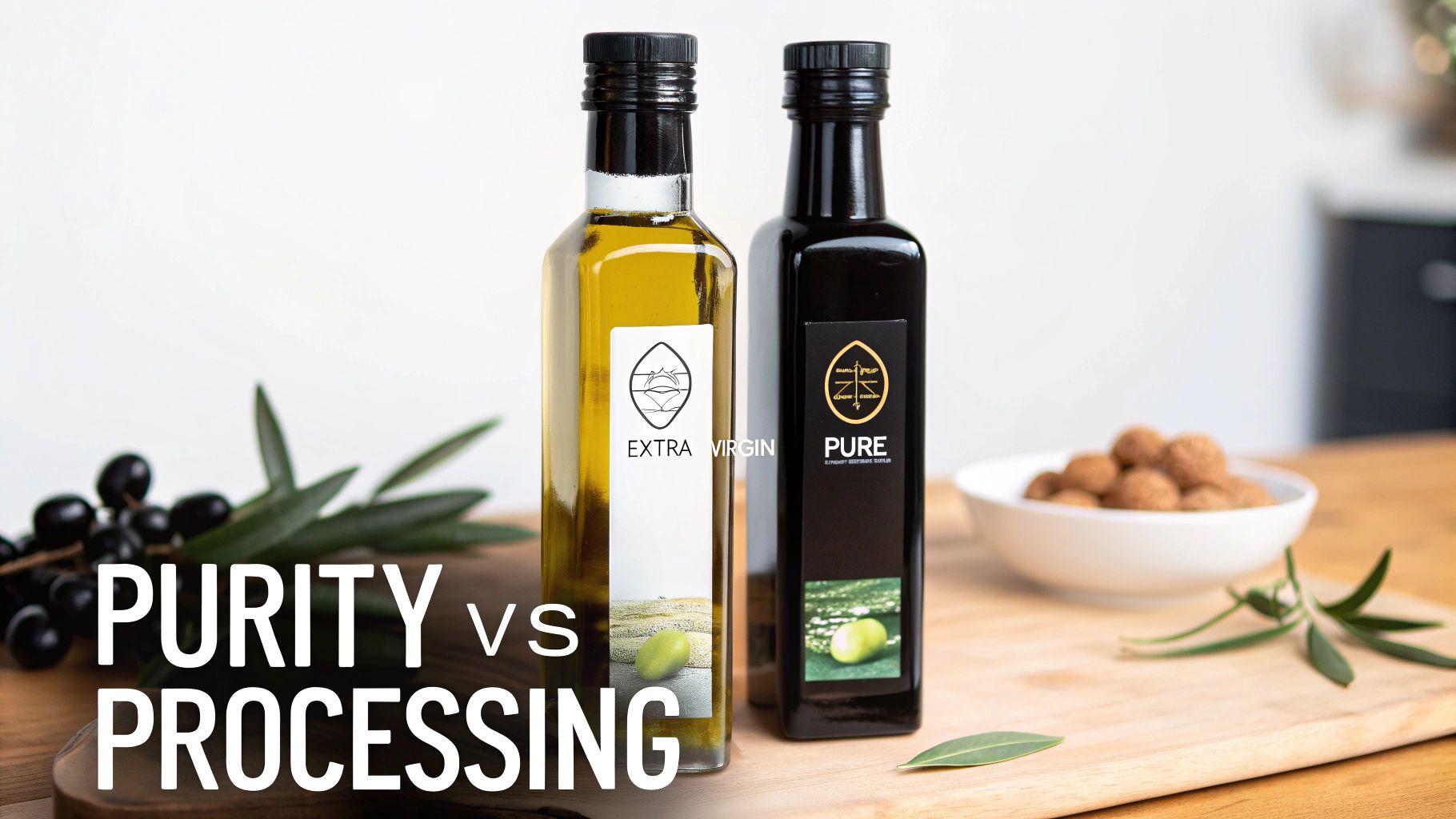 Two bottles of olive oil, one extra virgin and one pure, with fresh olives scattered around them.