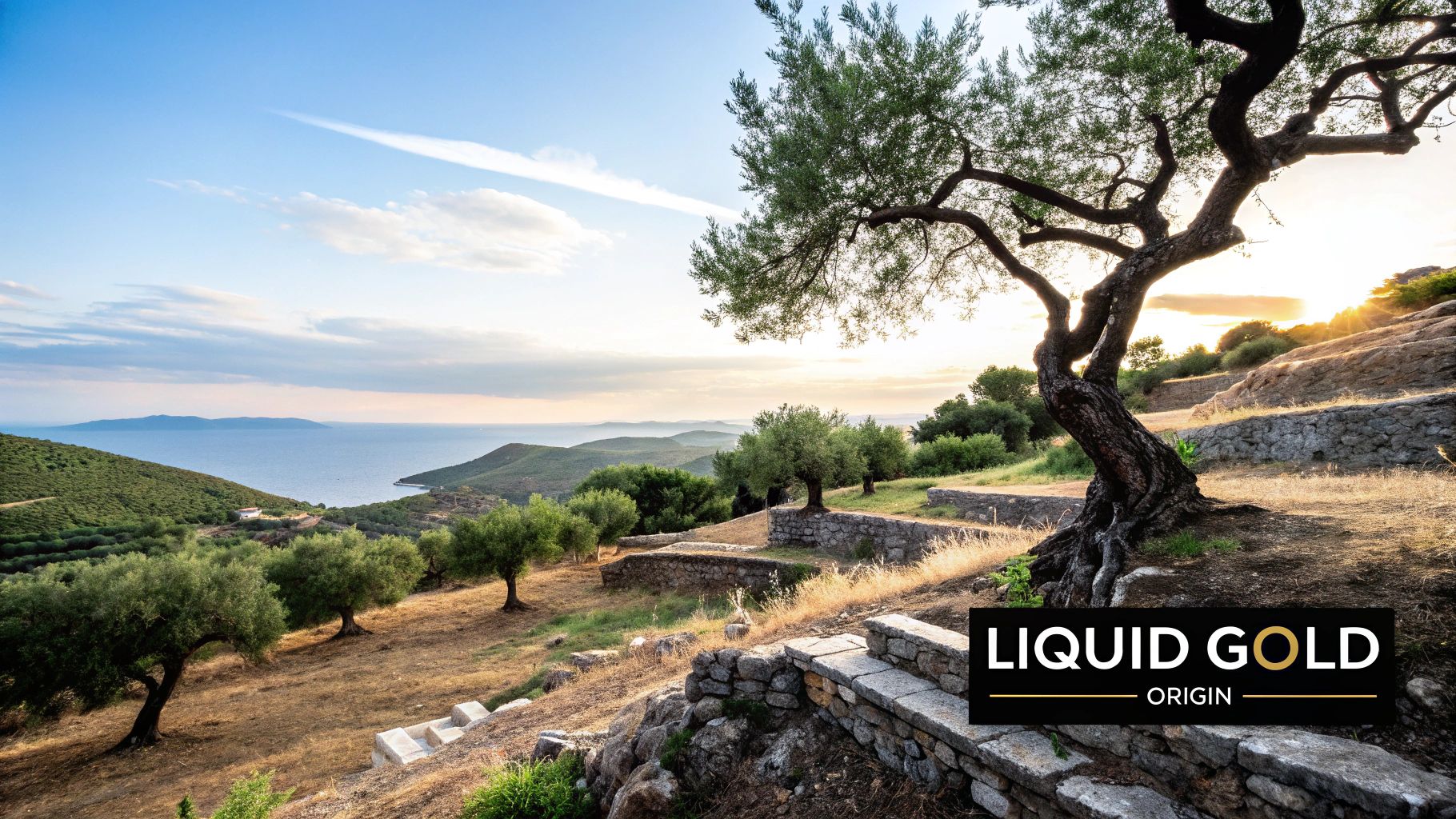 A scenic view of a terraced olive grove overlooking the sea at sunset.