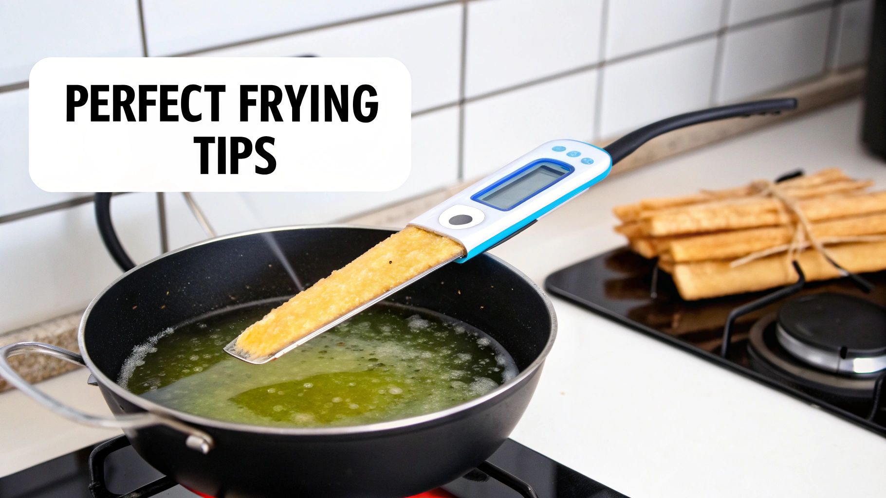 A digital cooking thermometer measures hot oil in a frying pan on a stovetop, with 'Perfect Frying Tips' overlay.