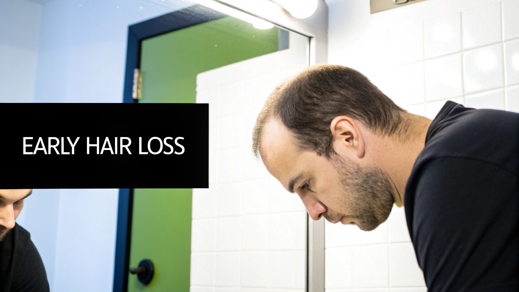Man checking his hairline in the mirror for early signs of balding