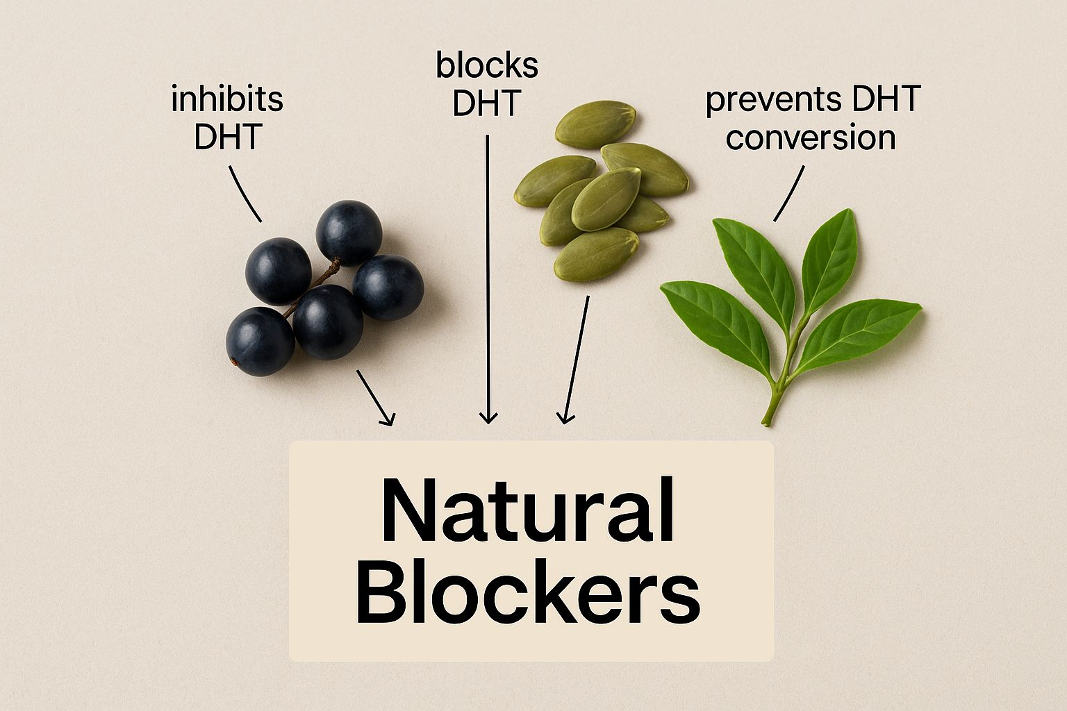 An assortment of natural ingredients including saw palmetto, pumpkin seeds, and green tea leaves, with text overlay reading 'Natural Blockers'