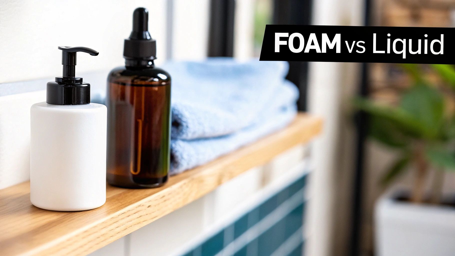White pump bottle and amber dropper bottle on a wooden shelf with blue towels and text 'FOAM vs Liquid'.