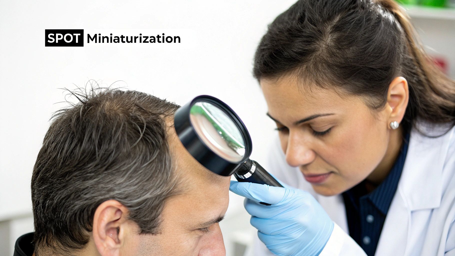 A dermatologist examines a man's scalp with a magnifying glass for signs of hair miniaturization.