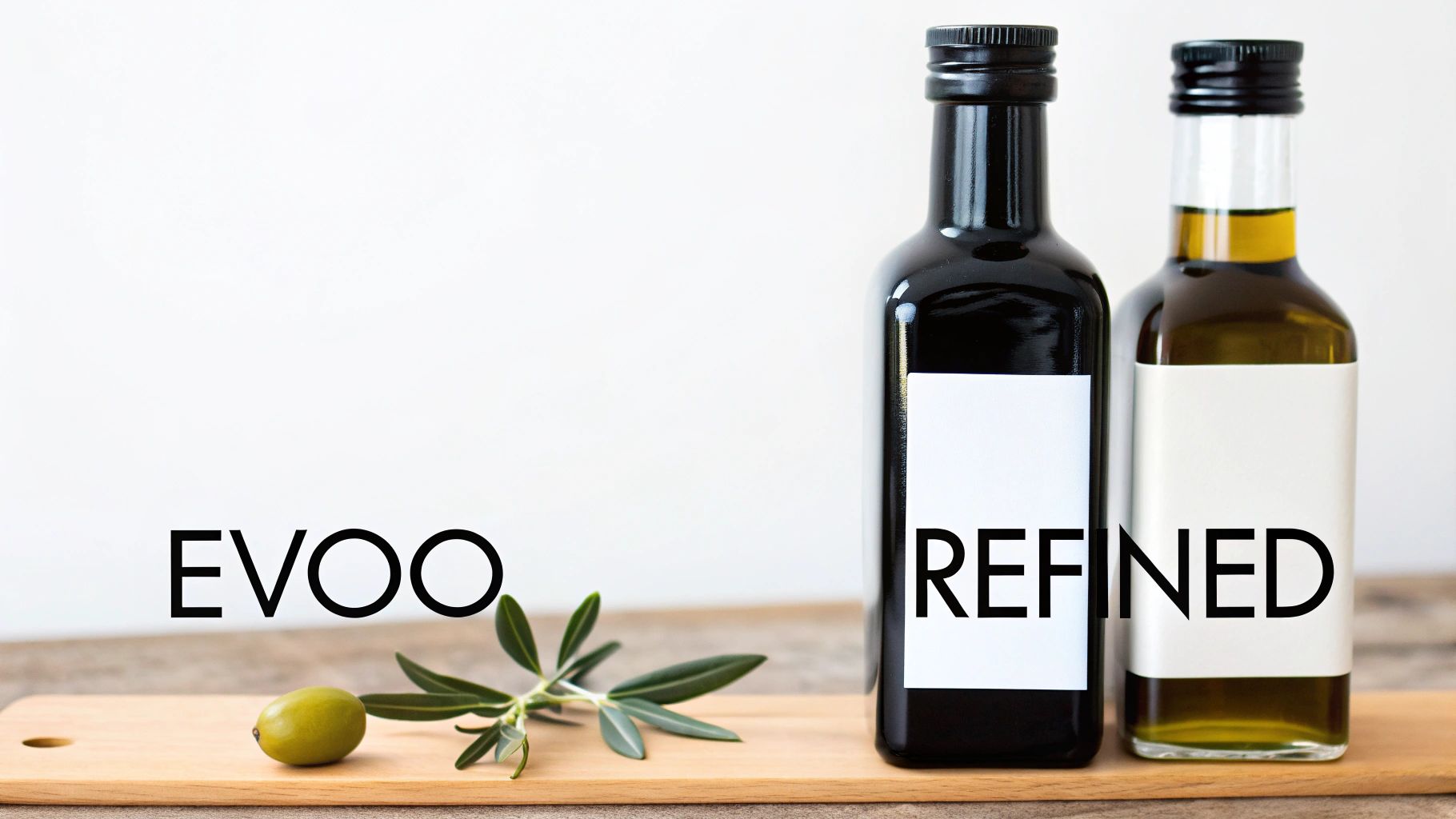 Two bottles of olive oil, one dark for EVOO and one clear for refined oil, with an olive and branch.