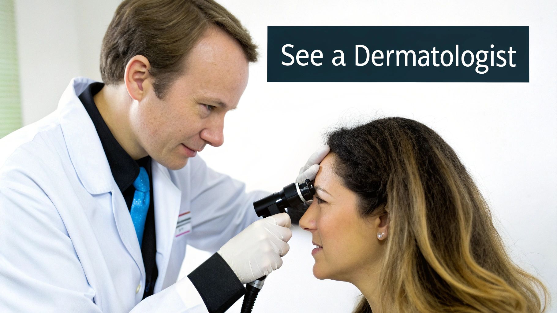 A dermatologist examining a patient's scalp with a special tool