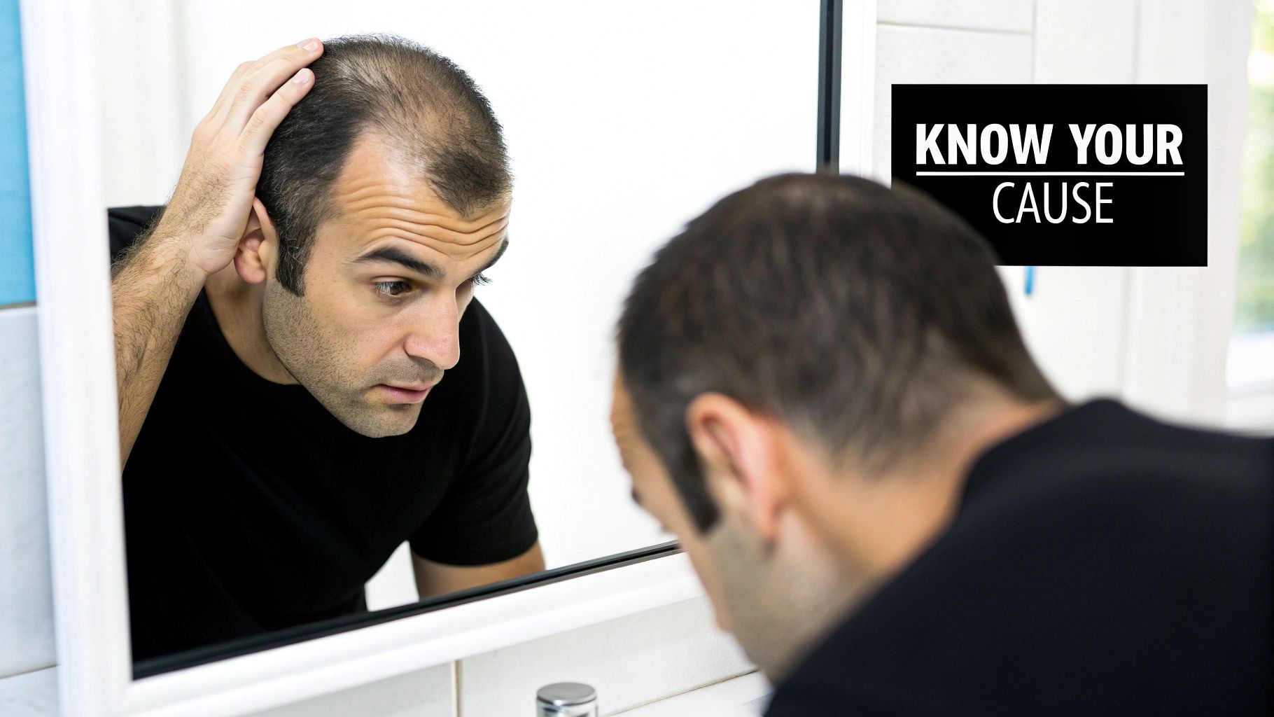 A concerned man examines his thinning hair and receding hairline in a bathroom mirror.