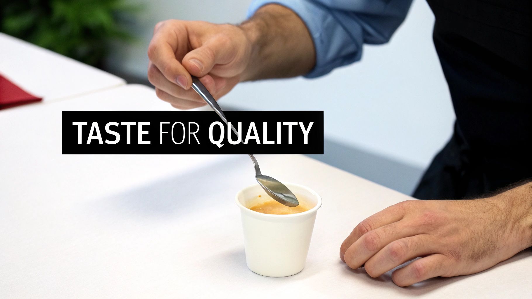 A person's hands hold a spoon in a white cup, with text 'TASTE FOR QUALITY' displayed.