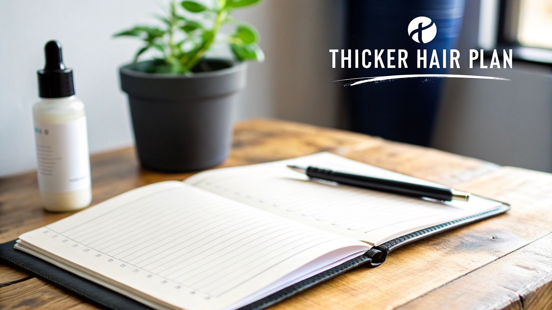 A desk setup with a hair serum bottle, a plant, an open notebook, and a pen, featuring 'THICKER HAIR PLAN' text.