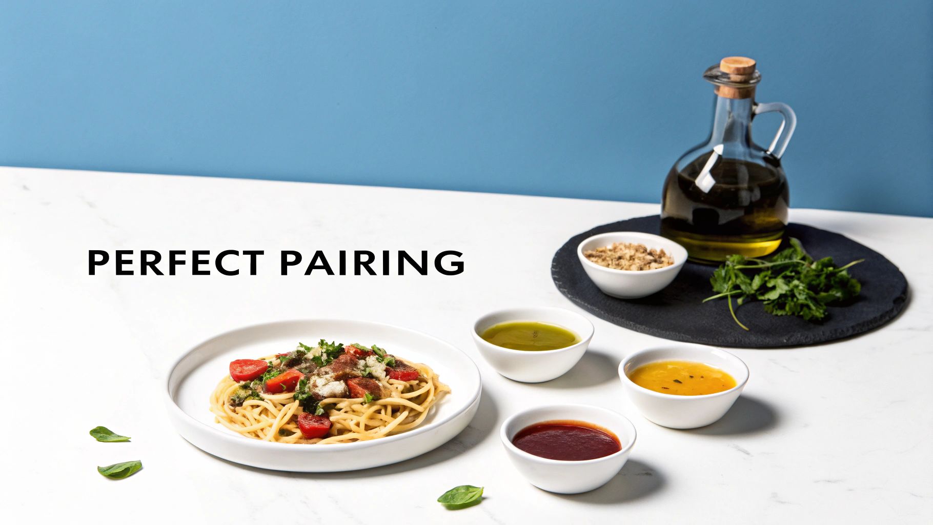 A bottle of olive oil, fresh basil, garlic, and tomatoes arranged on a rustic wooden surface, ready for making pasta sauce.