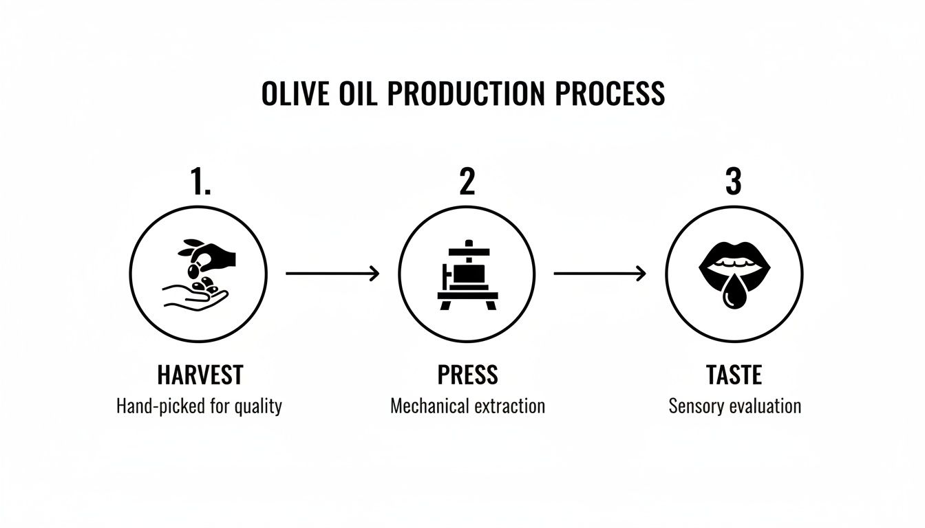 A visual diagram illustrating the three-step olive oil production process: harvest, press, and taste.