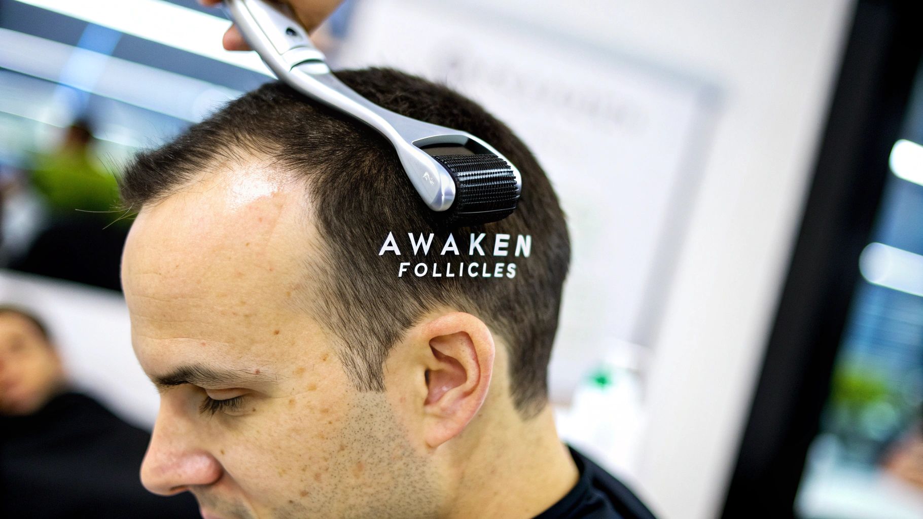 A man undergoing a hair treatment with a derma roller on his scalp to awaken follicles.
