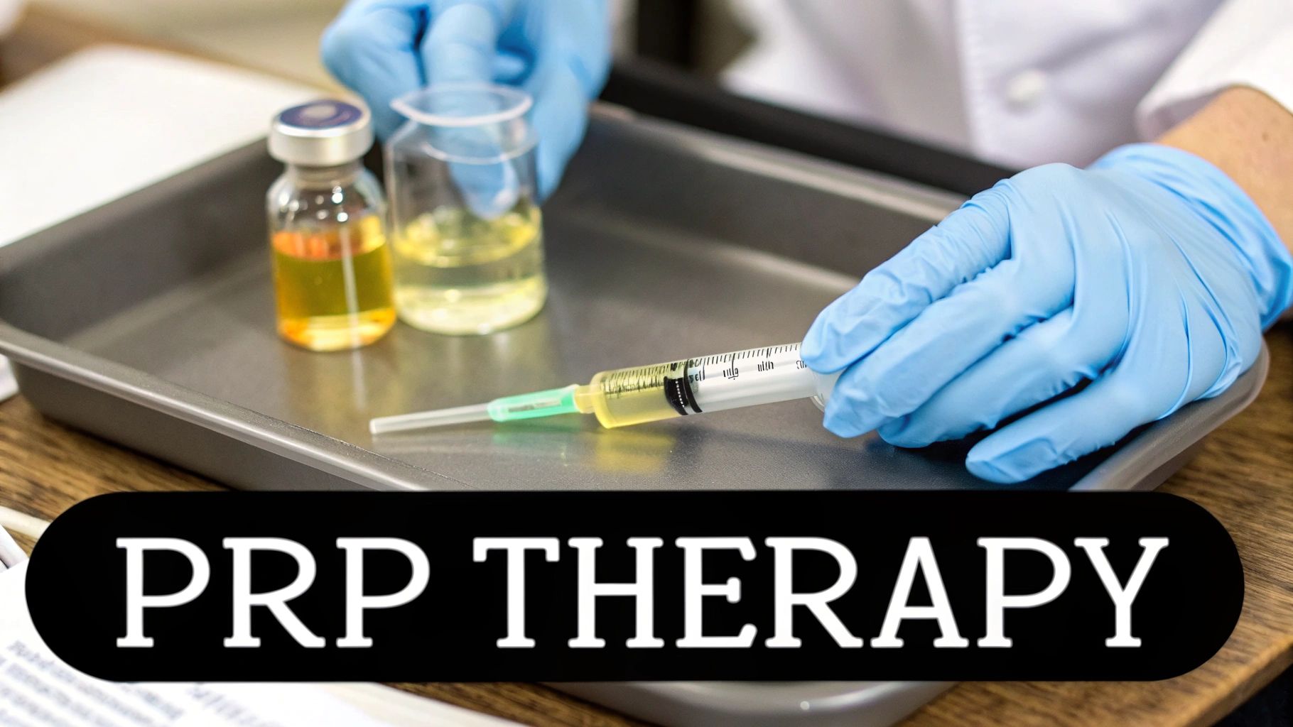 Close-up of gloved hands preparing a syringe with yellow liquid for PRP therapy.