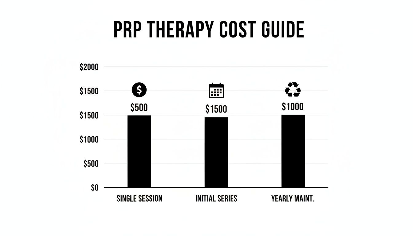 Bar chart showing PRP therapy costs: $500 for a single session, $1500 for an initial series, and $1000 for yearly maintenance.