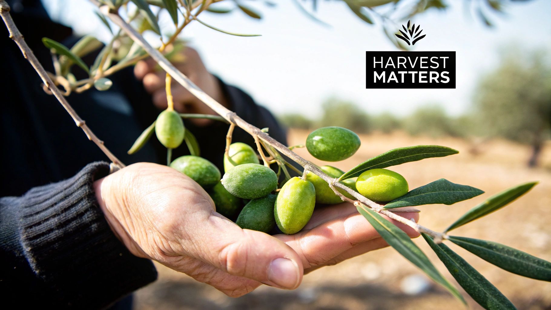 A close-up of an extra virgin olive oil bottle label, highlighting the harvest date and polyphenol count