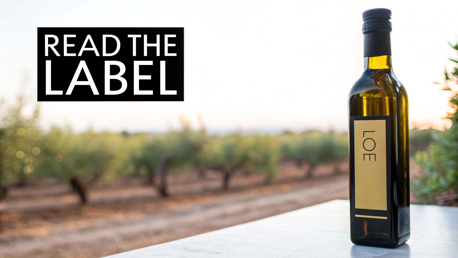 A bottle of LOE olive oil with a gold label, accompanied by 'READ THE LABEL' text, overlooking an olive grove.