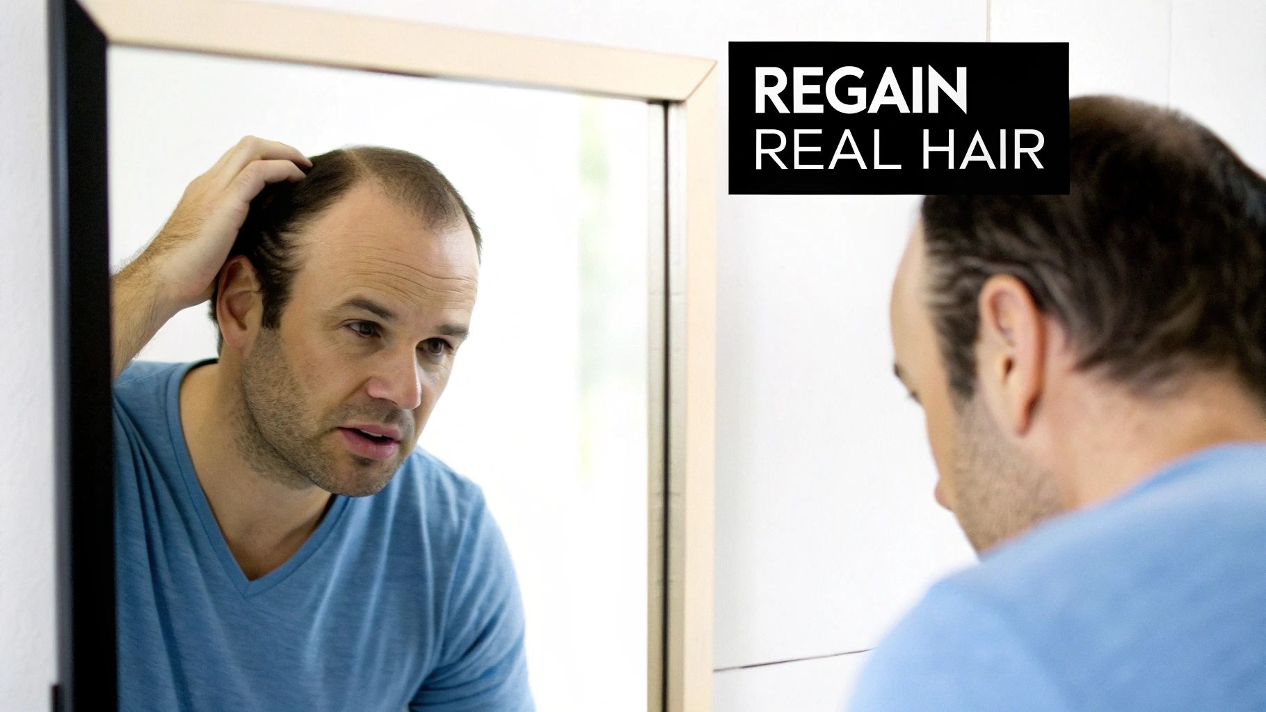 A concerned man inspecting his receding hairline in a mirror, revealing hair loss.