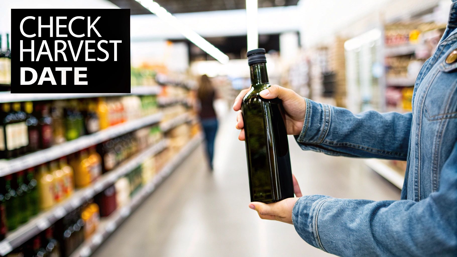 Person checking harvest date on extra virgin olive oil bottle in grocery store aisle